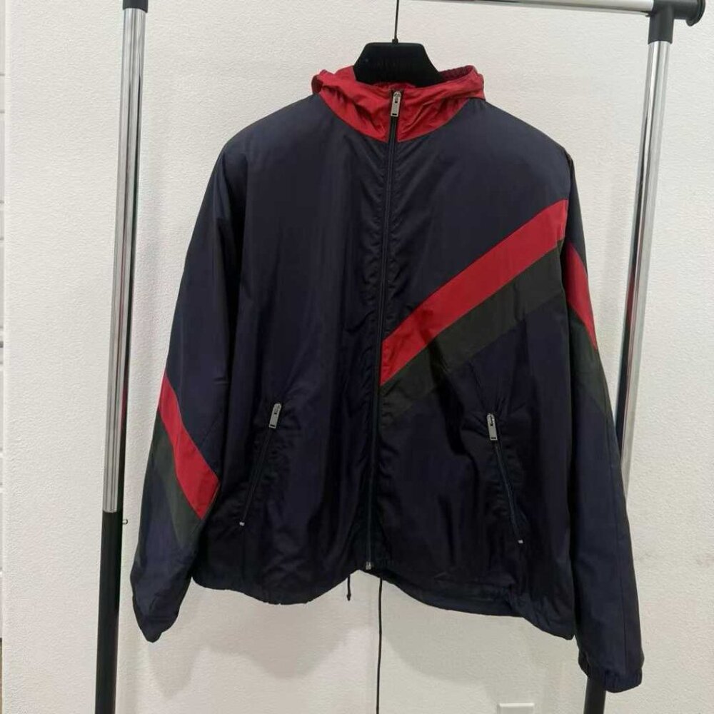 NWT Gucci Navy Nylon Windbreaker Jacket Web Stripe & Sleeve Patch Size 58
